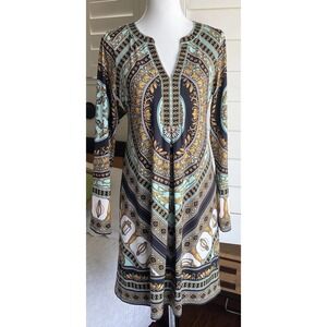 Hale Bob Shift Dress Women M Multicolor Geo Floral Equestrian Print Pullover L/S